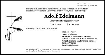 Traueranzeige von Adolf Edelmann von Dinkelsbühl/ Feuchtwangen