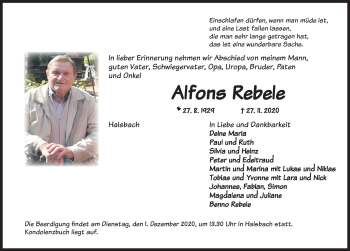 Traueranzeige von Alfons Rebele von Dinkelsbühl/ Feuchtwangen