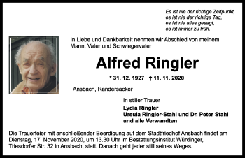 Traueranzeige von Alfred Ringler von Ansbach