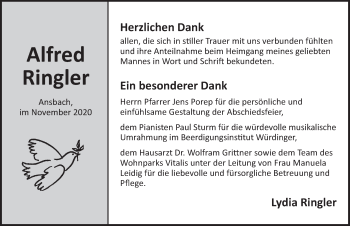 Traueranzeige von Alfred Ringler von Ansbach