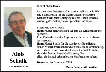 Traueranzeige von Alois Schalk von Dinkelsbühl/ Feuchtwangen