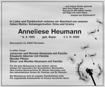 Traueranzeige von Anneliese Heumann von Ansbach