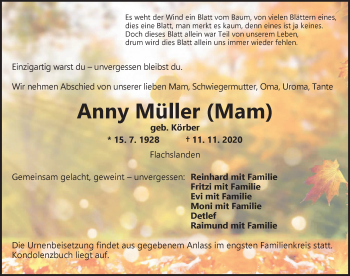 Traueranzeige von Anny Müller von Ansbach