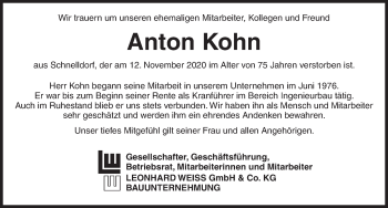 Traueranzeige von Anton Kohn von Dinkelsbühl/ Feuchtwangen