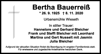 Traueranzeige von Bertha Bauerreiß von Dinkelsbühl/ Feuchtwangen