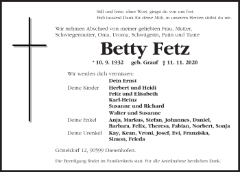 Traueranzeige von Betty Fetz von Ansbach