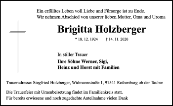 Traueranzeige von Brigitta Holzberger von Rothenburg