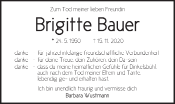 Traueranzeige von Brigitte Bauer von Dinkelsbühl/ Feuchtwangen