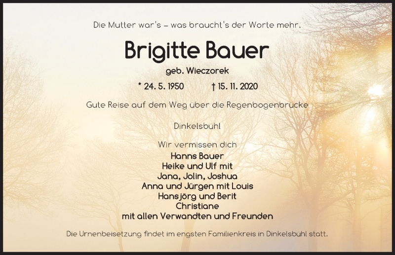  Traueranzeige für Brigitte Bauer vom 18.11.2020 aus Dinkelsbühl/ Feuchtwangen