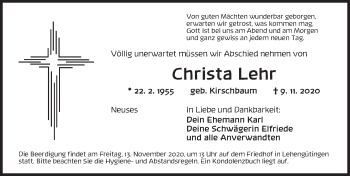 Traueranzeige von Christa Lehr von Dinkelsbühl/ Feuchtwangen