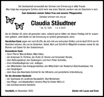 Traueranzeige von Claudia Stäudtner von Neustadt/ Scheinfeld/ Uffenheim