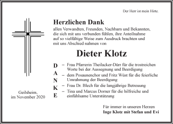 Traueranzeige von Dieter Klotz von Dinkelsbühl/ Feuchtwangen