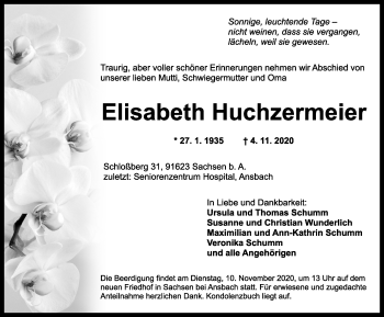 Traueranzeige von Elisabeth Huchzermeier von Ansbach