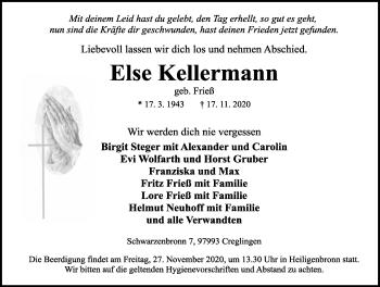 Traueranzeige von Else Kellermann von Rothenburg