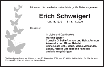 Traueranzeige von Erich Schweigert von Ansbach