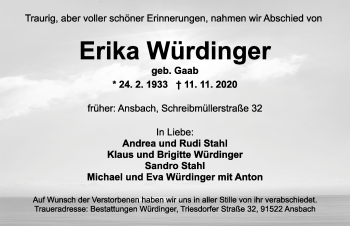 Traueranzeige von Erika Würdinger von Ansbach