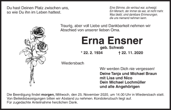 Traueranzeige von Erna Ensner von Ansbach