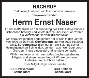 Traueranzeige von Ernst Naser von Dinkelsbühl/ Feuchtwangen