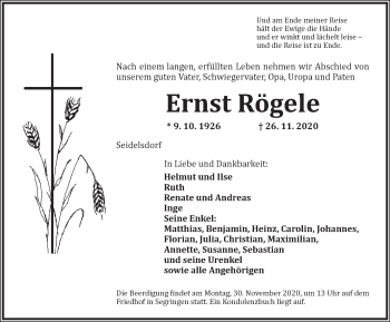 Traueranzeige von Ernst Rögele von Dinkelsbühl/ Feuchtwangen