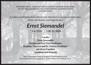 Traueranzeige von Ernst Siemandel von Ansbach