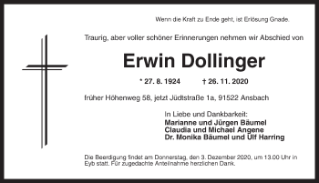 Traueranzeige von Erwin Dollinger von Ansbach