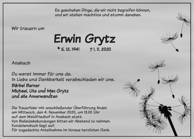  Traueranzeige für Erwin Grytz vom 03.11.2020 aus Ansbach