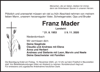 Traueranzeige von Franz Mader von Ansbach