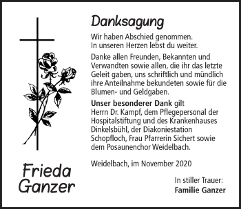 Traueranzeige von Frieda Ganzer von Dinkelsbühl/ Feuchtwangen