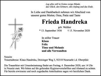 Traueranzeige von Frieda Handreka von Rothenburg