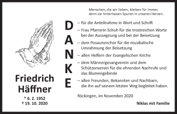 Traueranzeige von Friedrich Häffner von Dinkelsbühl/ Feuchtwangen