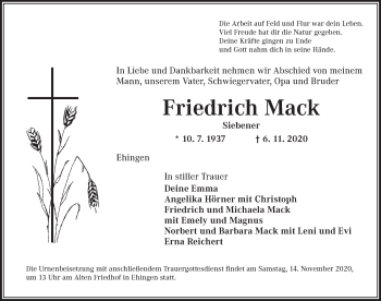 Traueranzeige von Friedrich Mack von Dinkelsbühl/ Feuchtwangen