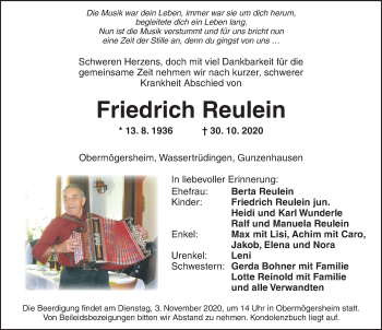 Traueranzeige von Friedrich Reulein von AB