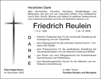 Traueranzeige von Friedrich Reulein von Dinkelsbühl/ Feuchtwangen