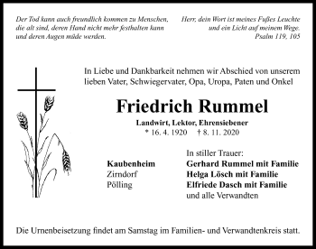 Traueranzeige von Friedrich Rummel von Neustadt/ Scheinfeld/ Uffenheim