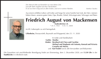 Traueranzeige von Friedrich August von Mackensen von Neustadt/ Scheinfeld/ Uffenheim