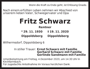 Traueranzeige von Fritz Schwarz von Neustadt/ Scheinfeld/ Uffenheim