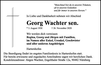 Traueranzeige von Georg Wachter von Rothenburg