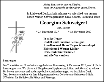 Traueranzeige von Georgina Schweigert von Ansbach