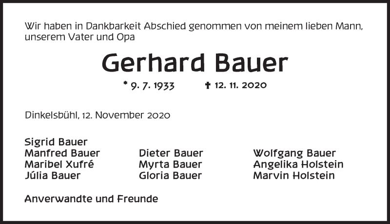  Traueranzeige für Gerhard Bauer vom 28.11.2020 aus Dinkelsbühl/ Feuchtwangen