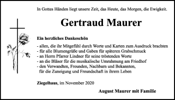 Traueranzeige von Gertraud Maurer von Rothenburg