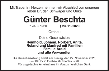 Traueranzeige von Günter Beschta von Ansbach