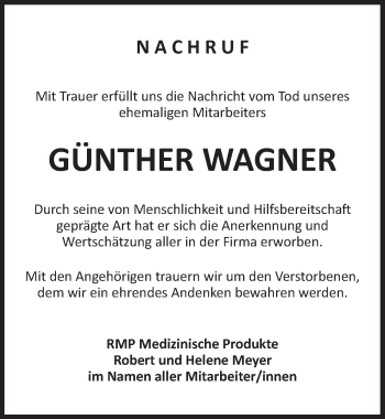 Traueranzeige von Günther Wagner von Ansbach