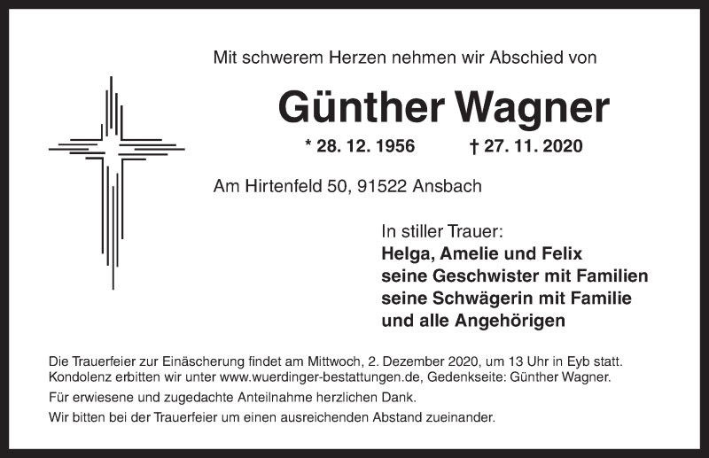  Traueranzeige für Günther Wagner vom 28.11.2020 aus Ansbach