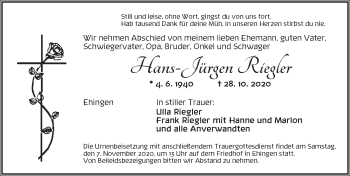 Traueranzeige von Hans-Jürgen Riegler von Dinkelsbühl/ Feuchtwangen