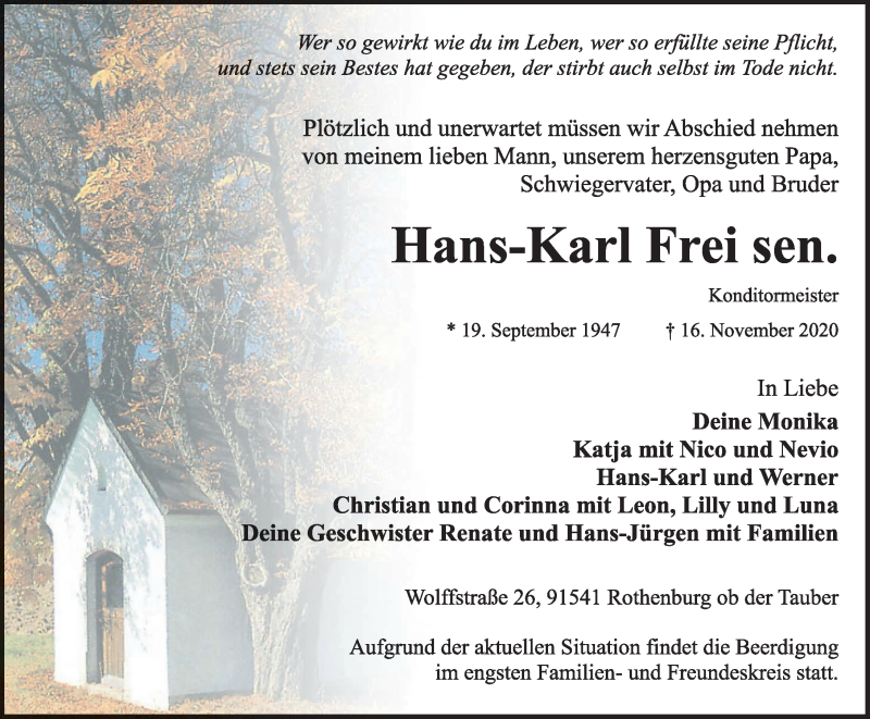  Traueranzeige für Hans-Karl Frei vom 21.11.2020 aus Rothenburg