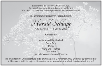 Traueranzeige von Harald Schlupp von Ansbach