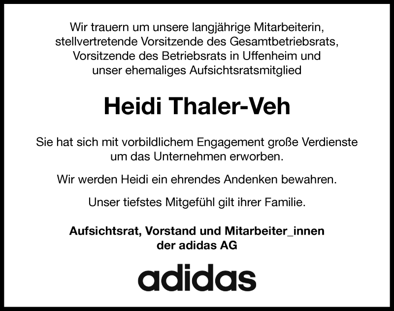  Traueranzeige für Heidi Thaler-Veh vom 27.11.2020 aus Neustadt/ Scheinfeld/ Uffenheim