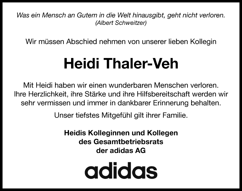  Traueranzeige für Heidi Thaler-Veh vom 27.11.2020 aus Neustadt/ Scheinfeld/ Uffenheim
