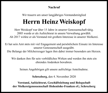 Traueranzeige von Heinz Weiskopf von Neustadt/ Scheinfeld/ Uffenheim