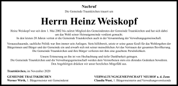 Traueranzeige von Heinz Weiskopf von Neustadt/ Scheinfeld/ Uffenheim